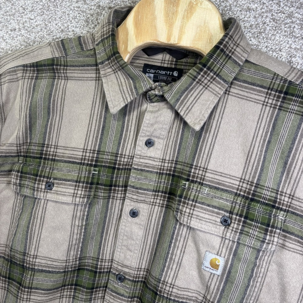 Carhartt Mens 2XL Beige Plaid Flannel Button Up Work Shirt TW4451 Loose Fit